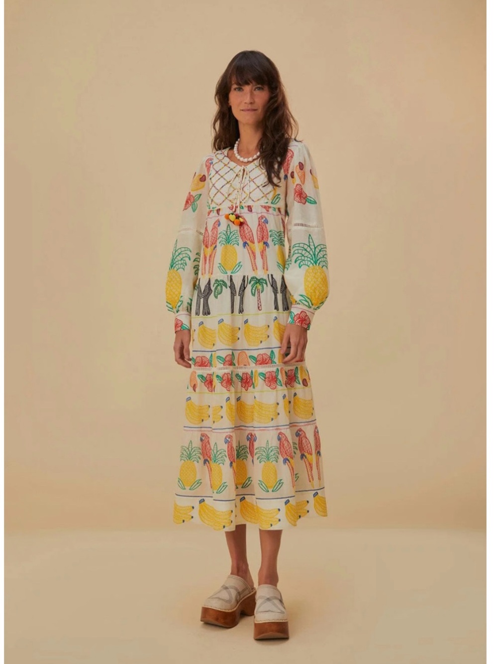 White Maxi Dress with Tropical Fruit & Parrot Print - Picture 1 of 9